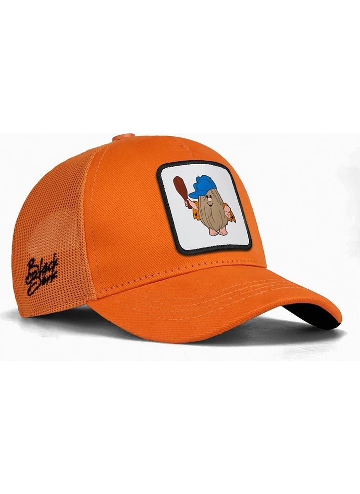 Black Börk V1 Trucker Kids Caveman - 1 Code Logo Unisex Neon Orange Children's Hat  - Image 1