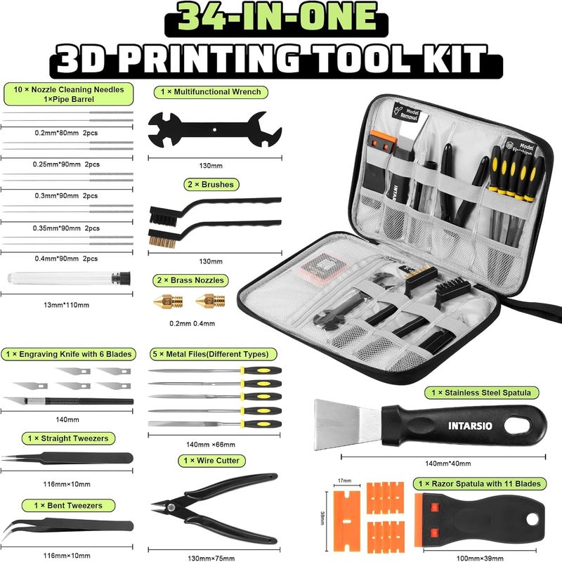 Intarsio 3D Printer Tools Kit, 34pcs 3D Printer Accessories for All FDM/SLA Printers Includes Nozzle Cleaning, Removal Scrapers, Finishing Tools, 5 Types of Files,Brushes, Wire Cutter, Engraving Knife - Image 2