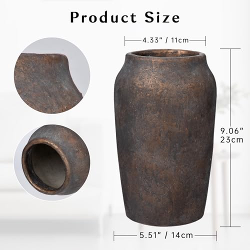 Briful 9.06'' Large Ceramic Rustic Vase Shabby Vintage Textured Vase, 4.33'' Wide Mouth Pampas Vases for Fake Flowers Branches, Farmhouse Home Décor, Weddings Shelf Table Decor, Brown - Image 2