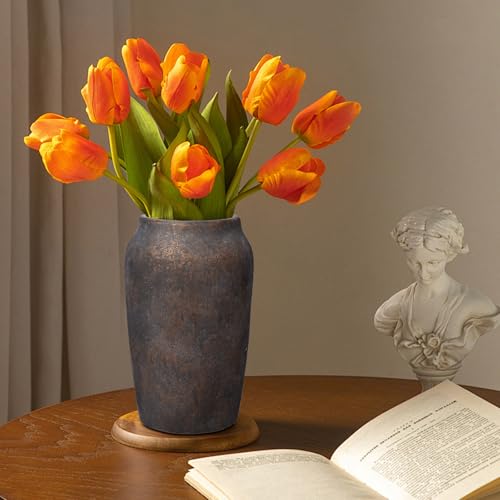 Briful 9.06'' Large Ceramic Rustic Vase Shabby Vintage Textured Vase, 4.33'' Wide Mouth Pampas Vases for Fake Flowers Branches, Farmhouse Home Décor, Weddings Shelf Table Decor, Brown - Image 4