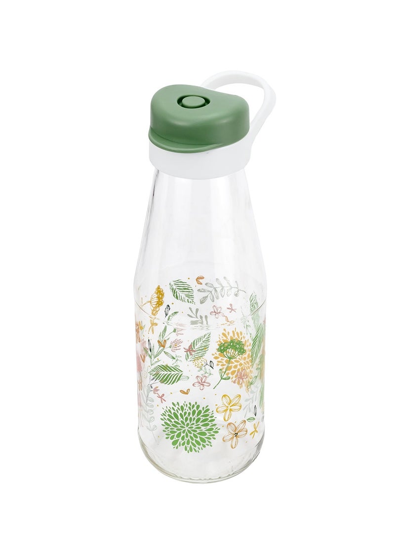 Herevin 720ml Premium Glass Water Bottle with HDPE & PP Green Leak-Proof Lid - Botanica Printed Reusable Bottle for Home, Transparent - Image 4