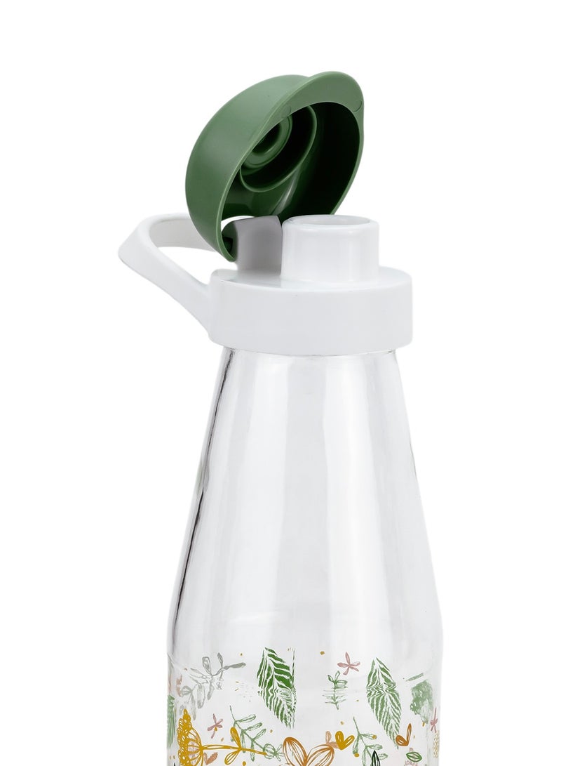 Herevin 720ml Premium Glass Water Bottle with HDPE & PP Green Leak-Proof Lid - Botanica Printed Reusable Bottle for Home, Transparent - Image 5