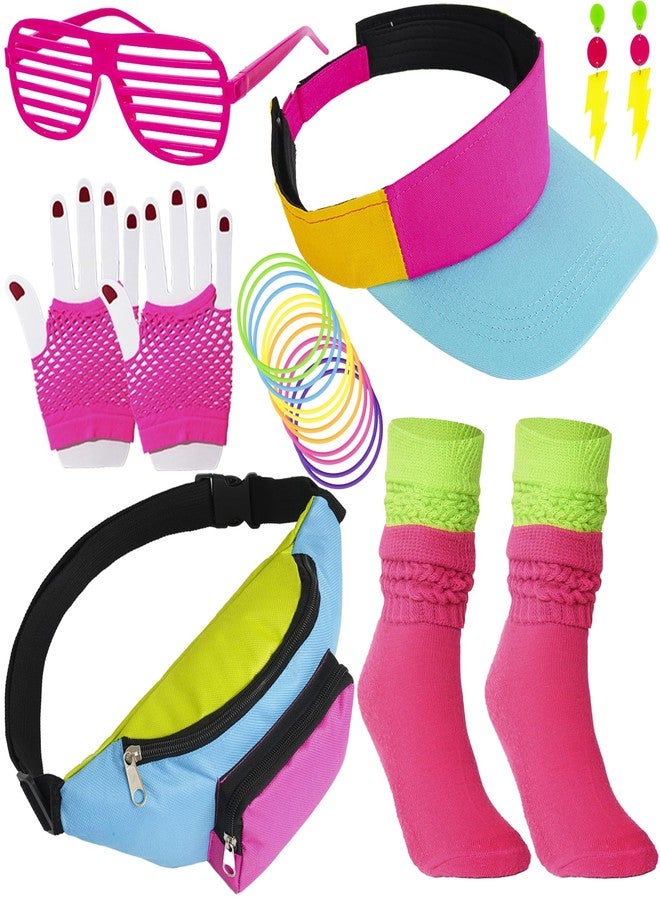 YAROMO 80s Costume Accessories Set, Hip Hop Accessories for Women, 80s 90s Outfit Neon Fanny Pack Hat Adjustable Waist Bag, Bracelet, Earrings for Halloween Women Neon Outfit Party - Image 1