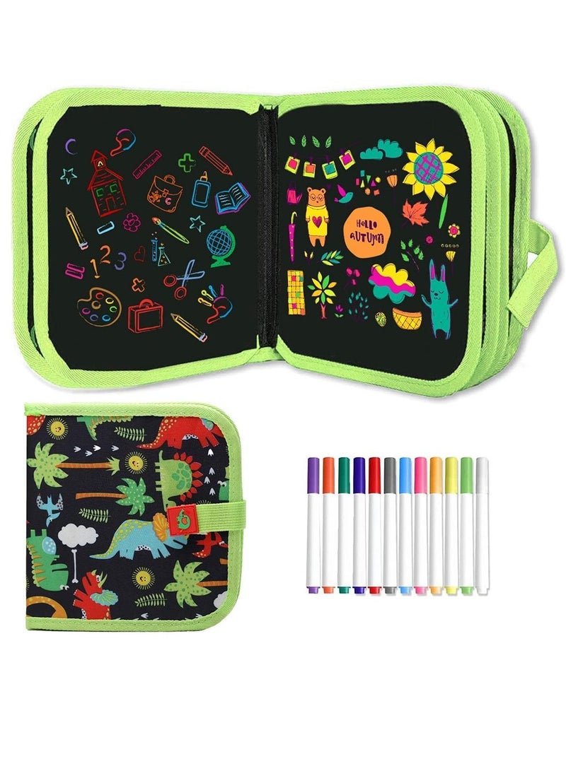 SYOSI Erasable Drawing Board, 14 Sides Reusable Doodling Book with 12 Watercolor Pencils Magic Little Blackboard Preschool Travel Art Toys to Enhance Children's Creativity Set (Dinosaur) - Image 1