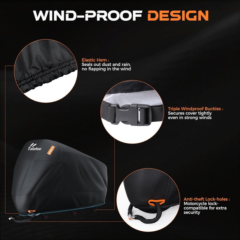 TATATOO Waterproof Motorcycle Cover with 3 Straps and Lock-Holes - Fits Up to 104" - Silver - Image 5