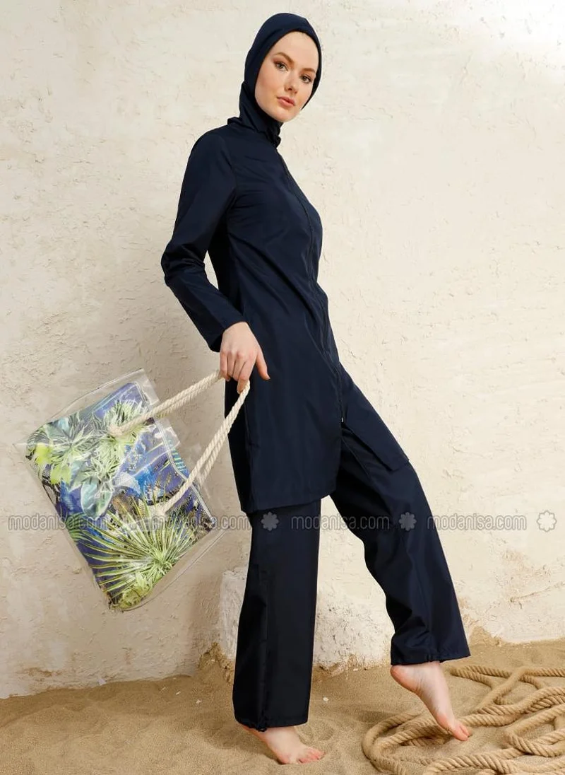 Mayo Bella by Modanisa Burkini Full Covered Swimsuit Navy Blue