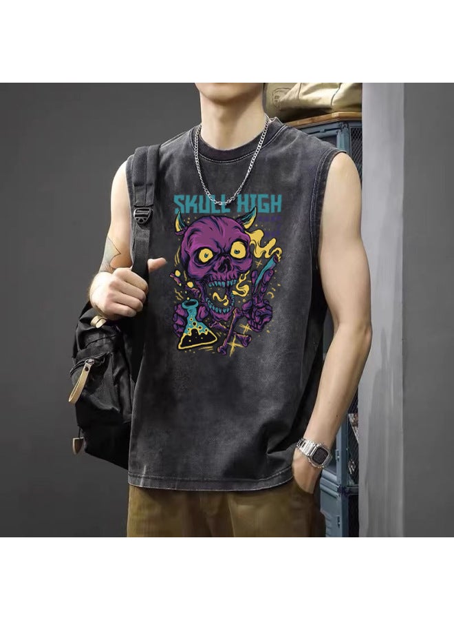 Oversized Loose Fit Pure Cotton Men's T-shirt Vintage Distressed Print Tank Top Men's Summer Heavyweight Pure Cotton Loose Sleeveless T-shirt