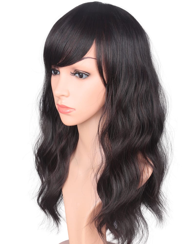 SYMEIW 16 Inches Black Mix Brown Fashion Wavy Synthetic Hair Wigs For Black Women With Side Bangs Free Wig Cap (BLACK MIX BROWN(1B/33#)) - Image 2