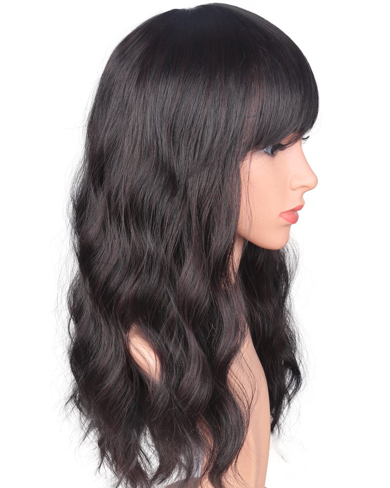 SYMEIW 16 Inches Black Mix Brown Fashion Wavy Synthetic Hair Wigs For Black Women With Side Bangs Free Wig Cap (BLACK MIX BROWN(1B/33#)) - Image 4