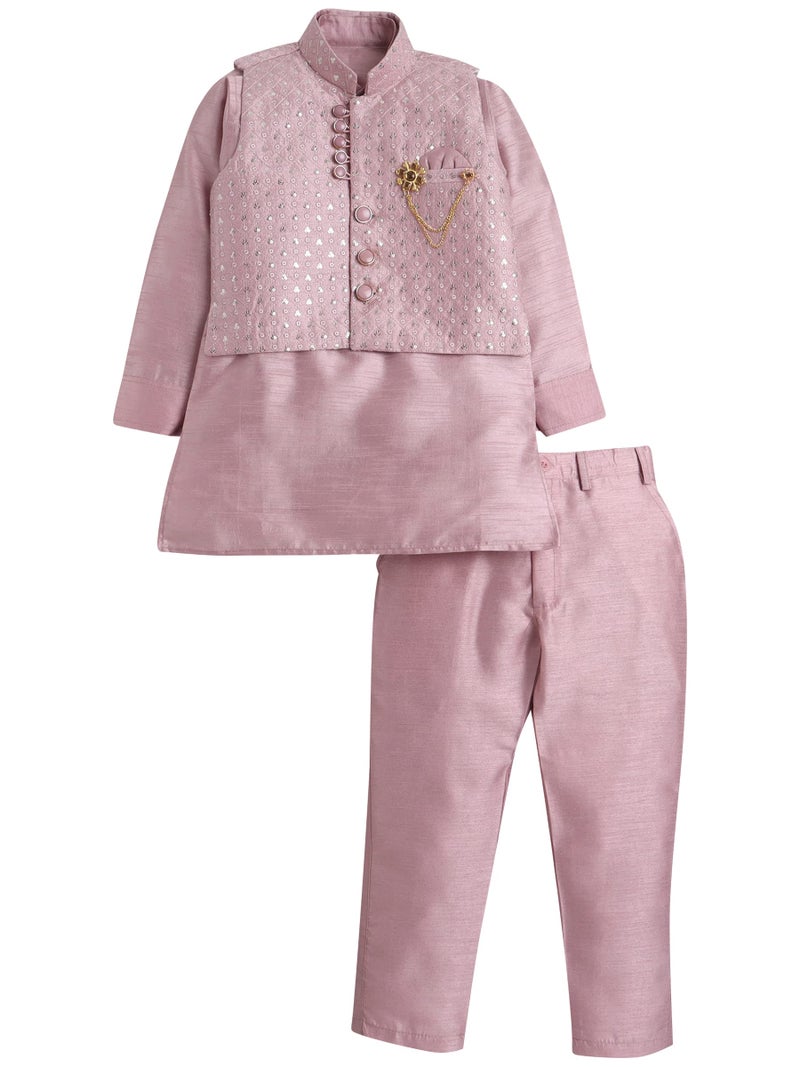 AHHAAAA Kids Ethnic Cotton Silk Blend Solid Nehru Modi Jacket Kurta & Pyjama Set for Boys 8104 (4-5 Years, Pink) - Image 1