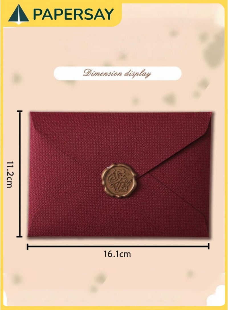 PAPERSAY Textured Envelope Set with 10 Lined Sheets, 3 Red Gift Envelopes, and 3 Wax Seal Stickers – Vintage Letter Writing Kit for Wedding Invitations, Poetry or Home Office (Vintage red) - Image 2