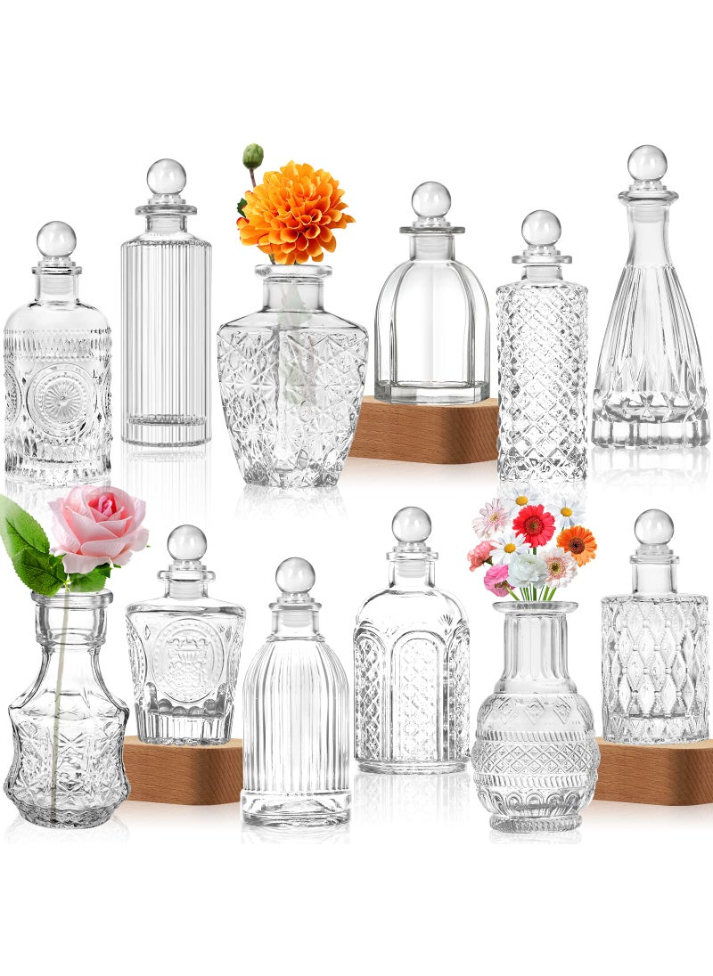 INFTYLE Glass Vase Bud Vases in Bulk Set of 12  with 8 Glass Stoppers Small Vases for Flowers Embossed Clear Flower Vase Vintage Glass Bottle Great for Table Decor Wedding Centerpiece Table and as a Gifts  - Image 1