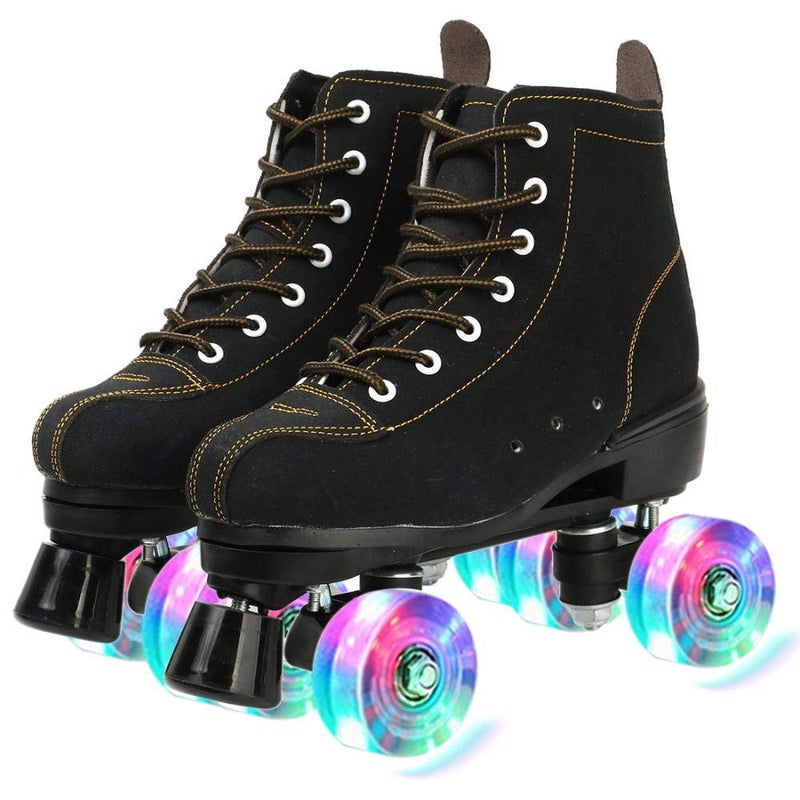 XUDREZ Cowhide Roller Skates for Women and Men High-Top Shoes Double-Row Design,Adjustable Classic Premium Roller Skates (Black Flash Wheel,7.5) - Image 1