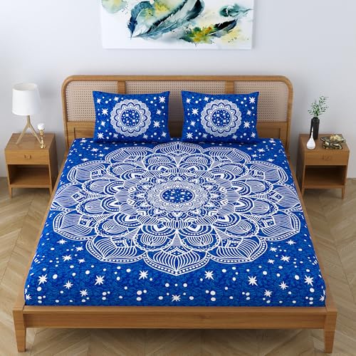 Colorish Cotton Blend Jaipuri Printed Double Bedsheet Mandala Stars King Size Bed Sheet with 2 Pillow Covers - Royal Blue - Image 5