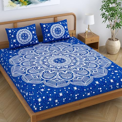 Colorish Cotton Blend Jaipuri Printed Double Bedsheet Mandala Stars King Size Bed Sheet with 2 Pillow Covers - Royal Blue - Image 1