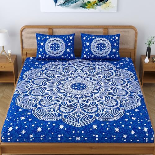 Colorish Cotton Blend Jaipuri Printed Double Bedsheet Mandala Stars King Size Bed Sheet with 2 Pillow Covers - Royal Blue - Image 2