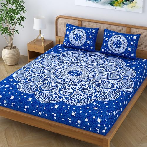 Colorish Cotton Blend Jaipuri Printed Double Bedsheet Mandala Stars King Size Bed Sheet with 2 Pillow Covers - Royal Blue - Image 3