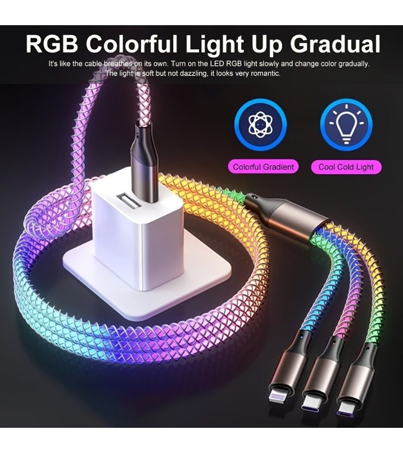 3 قطع كبل USB مجدول فائق السرعة 66 وات متعدد الألوان 3 في 1 من نوع C تايب سي ولايتنينج ومايكرو USB للهاتف والتابلت والمكتب المنزلي - Image 1