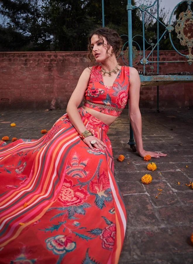 SASSAFRAS Red Floral Sleeveless Crop Top with Arkali Skirt Set