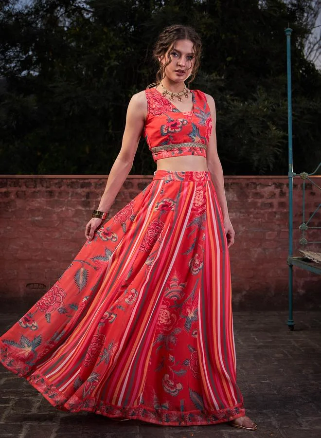 SASSAFRAS Red Floral Sleeveless Crop Top with Anarkali Skirt Set