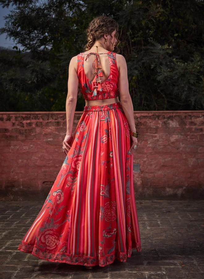 SASSAFRAS Red Floral Sleeveless Crop Top with Anarkali Skirt Set