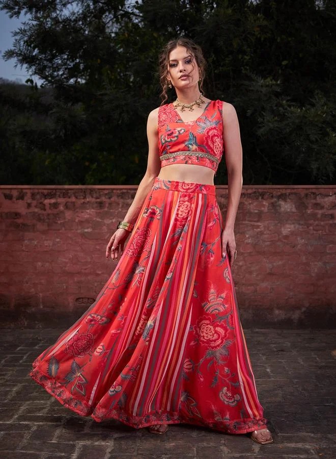 SASSAFRAS Red Floral Sleeveless Crop Top with Anarkali Skirt Set