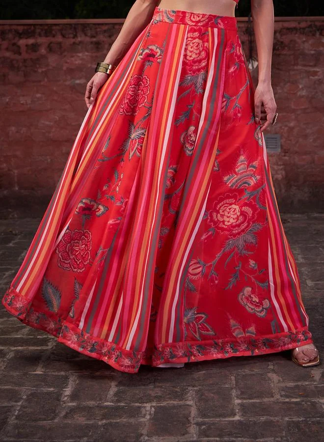 SASSAFRAS Red Floral Sleeveless Crop Top with Anarkali Skirt Set