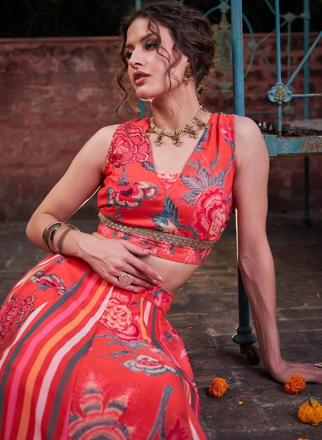 SASSAFRAS Red Floral Sleeveless Crop Top with Anarkali Skirt Set