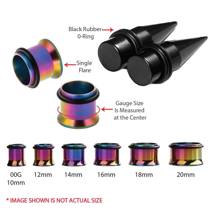 BodyJ4You 24PC Ear Stretching Kit - 00G-20mm Big Gauges - Rainbow Surgical Steel Single Flare Tunnels Plugs Black Acrylic Tapers - Stretchers Weights Expanders Eyelets - Image 2