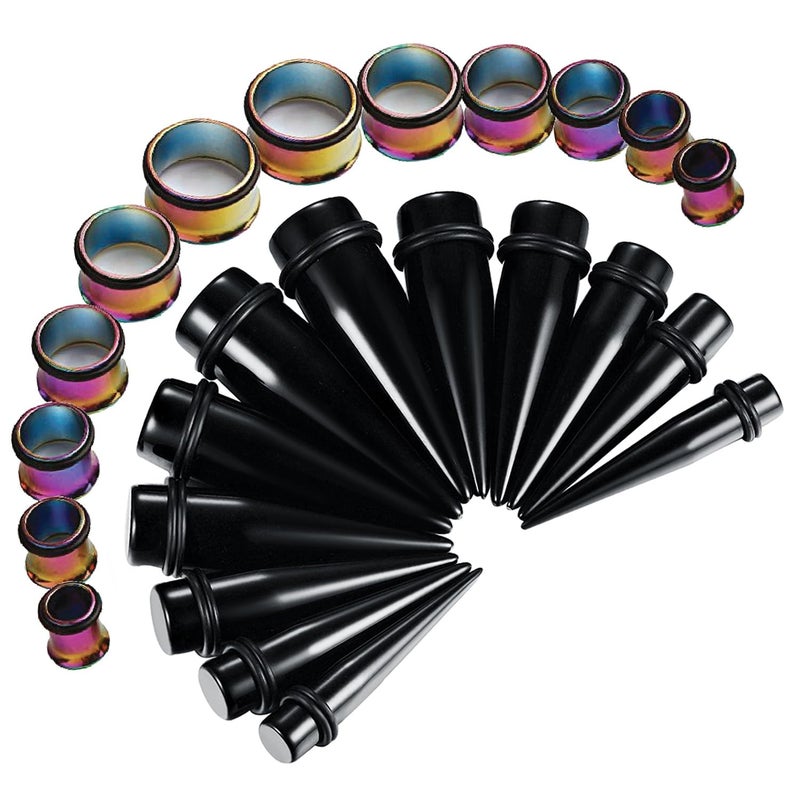 BodyJ4You 24PC Ear Stretching Kit - 00G-20mm Big Gauges - Rainbow Surgical Steel Single Flare Tunnels Plugs Black Acrylic Tapers - Stretchers Weights Expanders Eyelets - Image 1