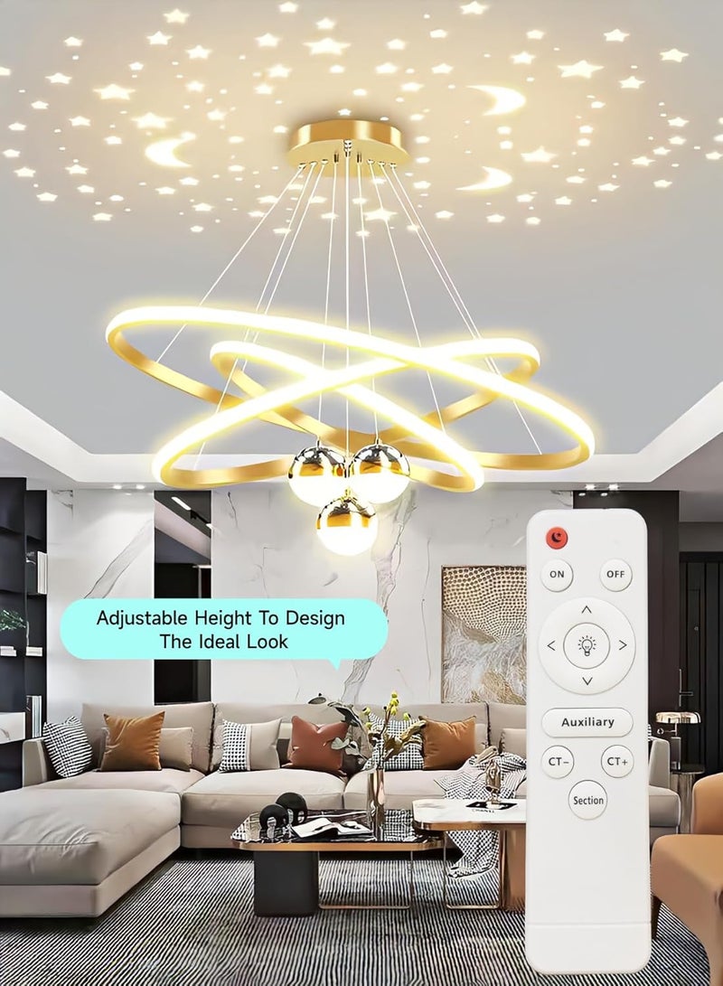 INSIJAM LED Chandelier with Remote Control Dimmable Hanging Pendant Light Starry Ceiling Projection 3-Rings Adjustable Ceiling Pendant Light for Kitchen/Living/Dining Room and Foyer - Image 1