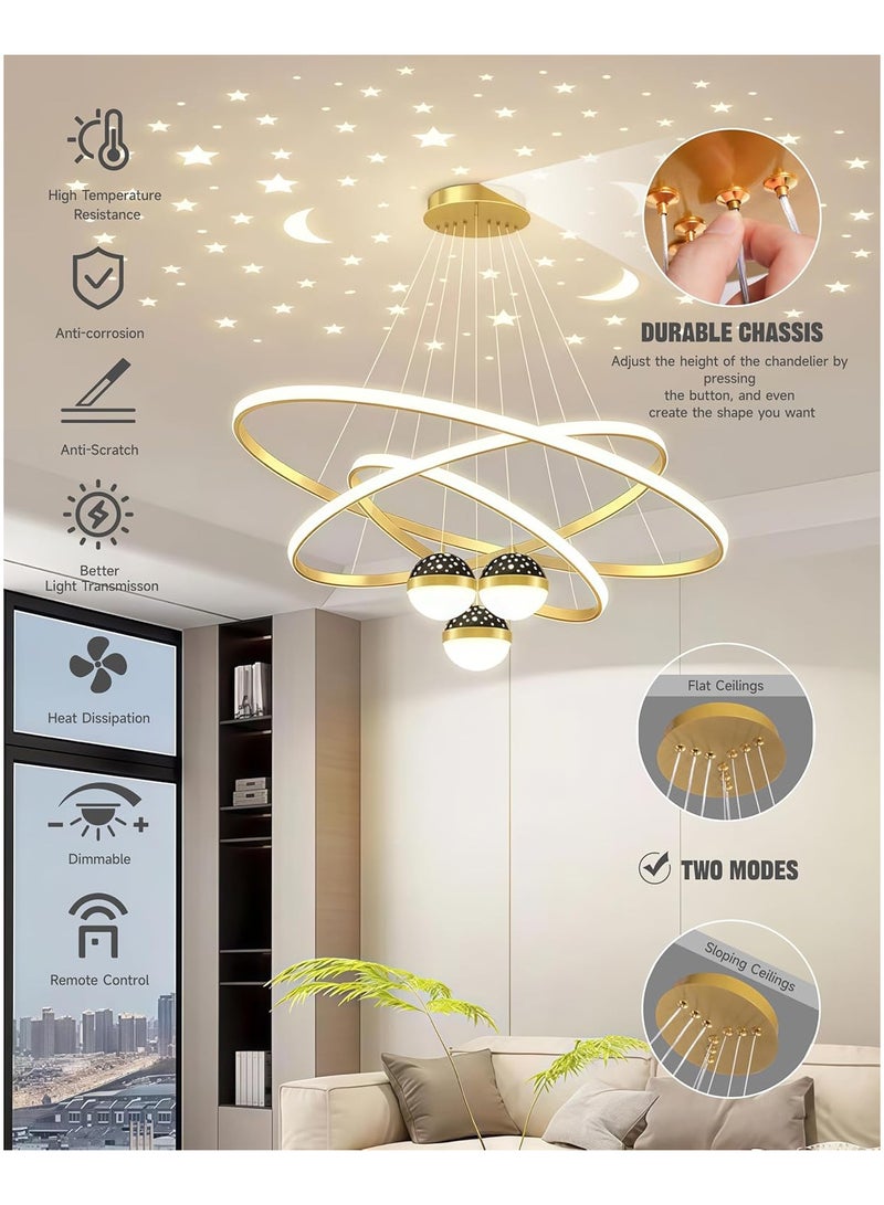 INSIJAM LED Chandelier with Remote Control Dimmable Hanging Pendant Light Starry Ceiling Projection 3-Rings Adjustable Ceiling Pendant Light for Kitchen/Living/Dining Room and Foyer - Image 2