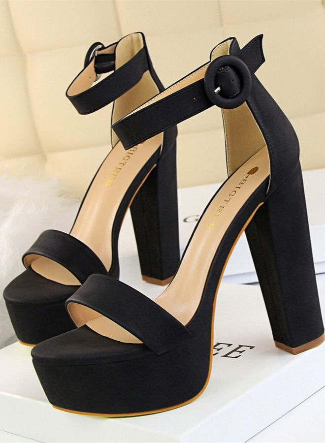 BIGTREE Thick Heel Super Slim Open Toe Belt Buckle High Heel Sandals 13.5CM Black
