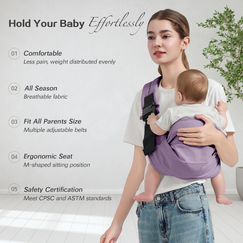 MISSWISDOM Baby Sling Carrier, Toddler Carrier Sling with Double Safety Buckle and Adjustable Shoulder Strap(7-30lbs), Baby Carriers One Size Fits All, Purple - Image 2