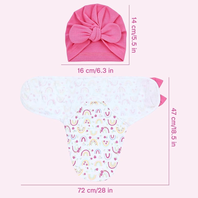 Cinaci 2 Pack Adjustable Soft Cotton Blend Newborn Baby Receiving Swaddle Blankets Sleep Sacks with Big Bow Hats Caps Beanies Bonnets for Baby Girls Newborns Infants (White Hot Pink+Hot Pink) - Image 2