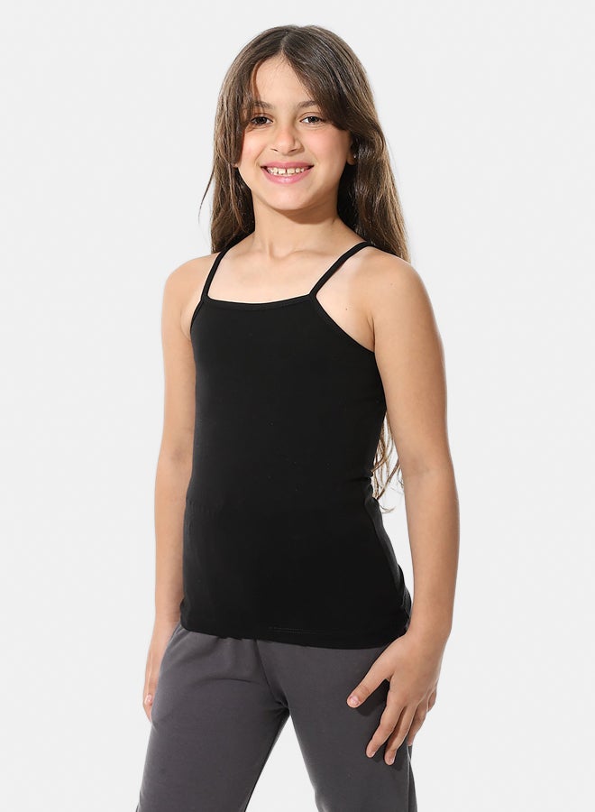Andora Square Neck Strap Sleeves Plain Black T - Shirt_Black - Image 2