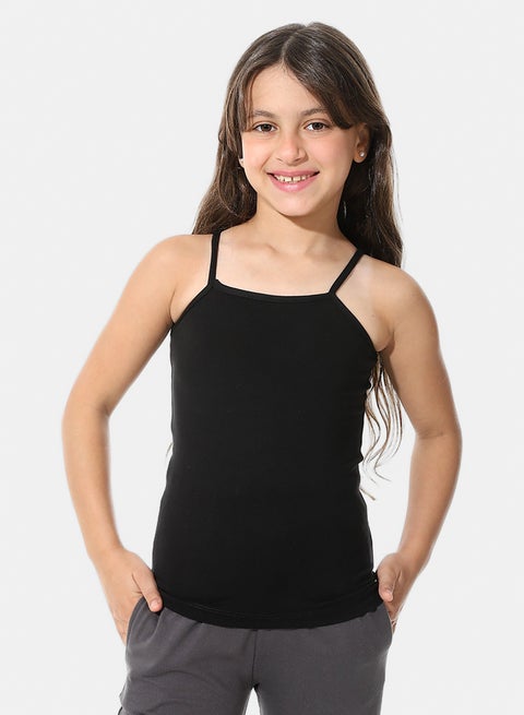 Square Neck Strap Sleeves Plain Black T - Shirt_Black