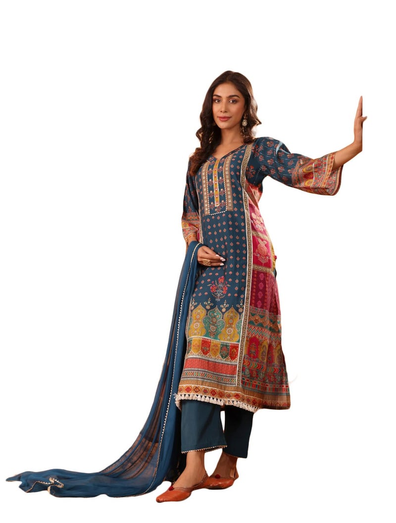 Varanga Women Teal Blue Ethnic Printed Straight Kurta with Trouser – Stylish and Comfortable Ethnic Set - Image 1