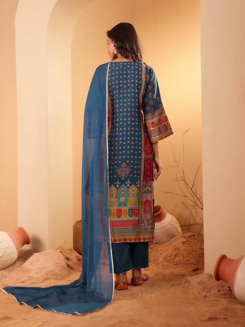 Varanga Women Teal Blue Ethnic Printed Straight Kurta with Trouser – Stylish and Comfortable Ethnic Set - Image 4