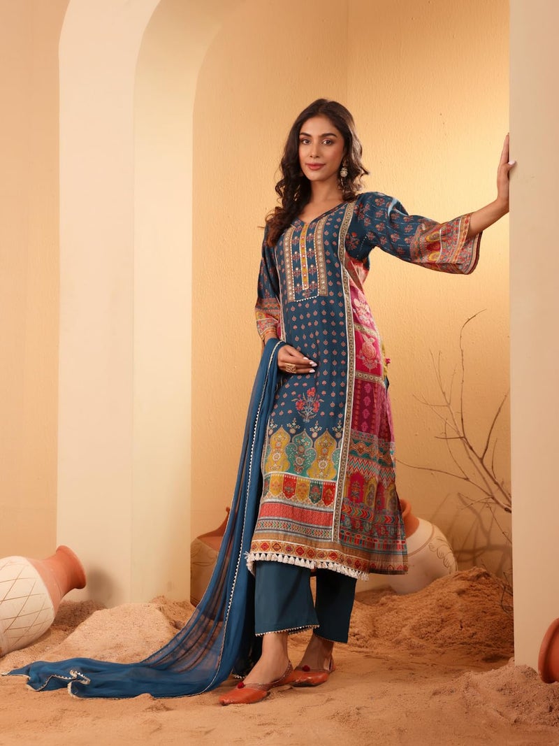 Varanga Women Teal Blue Ethnic Printed Straight Kurta with Trouser – Stylish and Comfortable Ethnic Set - Image 2