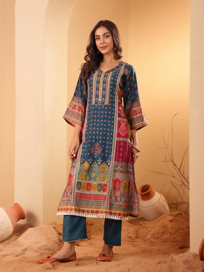 Varanga Women Teal Blue Ethnic Printed Straight Kurta with Trouser – Stylish and Comfortable Ethnic Set - Image 3