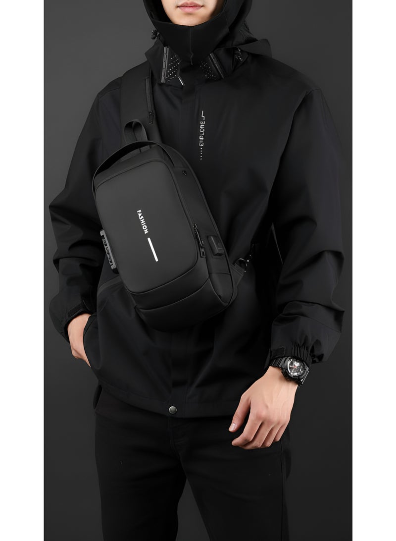 فاشون حقيبة كتف مضادة للسرقة ومقاومة للماء مع منفذ شحن USB من FASHION - حقيبة ظهر على الصدر للرجال والنساء للسفر والعمل والأنشطة الخارجية - أسود - Image 2