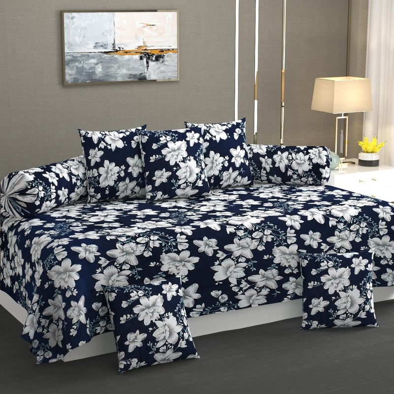 TIB Presents Flannel Warm Diwan Cover Set, 1 Single Bedsheet (60 x 90 inch), 5 Pillows (16 x 16 inch), 2 Bolster Covers (16 x 32 inch) (Flower Blue) - Image 1