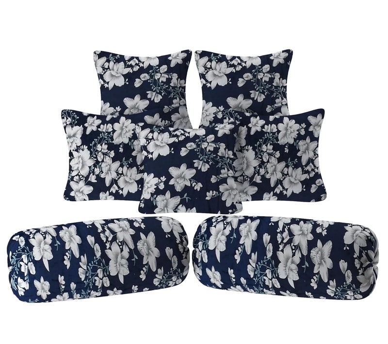 TIB Presents Flannel Warm Diwan Cover Set, 1 Single Bedsheet (60 x 90 inch), 5 Pillows (16 x 16 inch), 2 Bolster Covers (16 x 32 inch) (Flower Blue) - Image 3