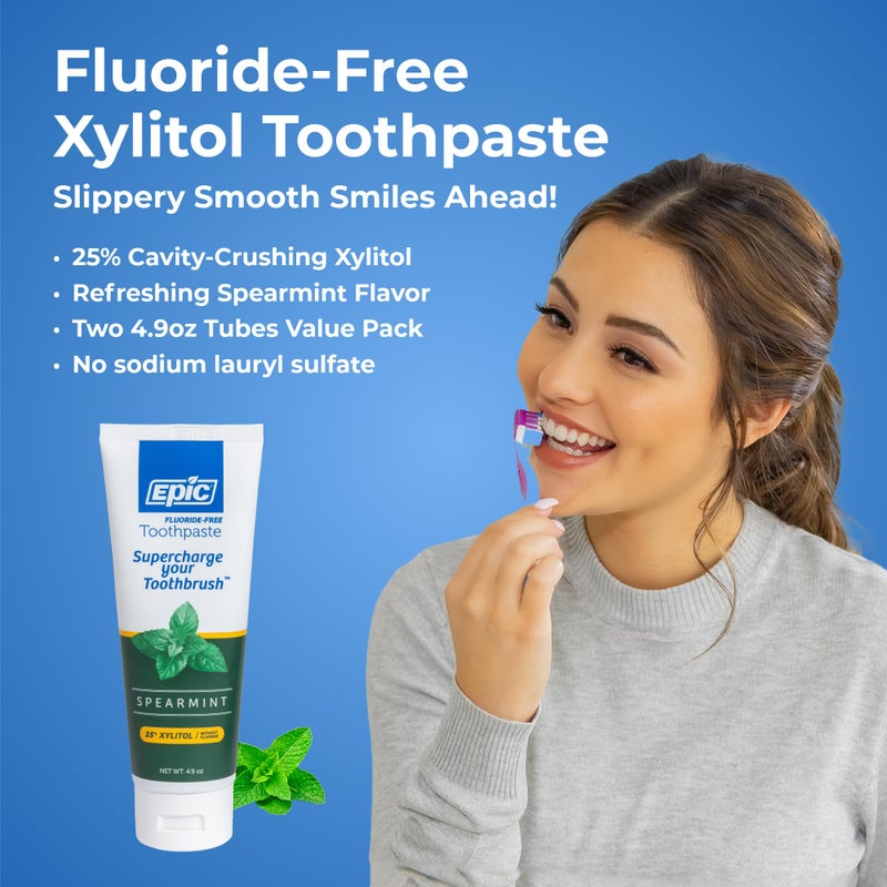 Epic Xylitol Toothpaste for Adults - Fluoride-Free Toothpaste with 25% Xylitol - SLS-Free Formula for Dry Mouth & Fresh Breath - Spearmint, 4.9oz (2-Pack) - Image 2