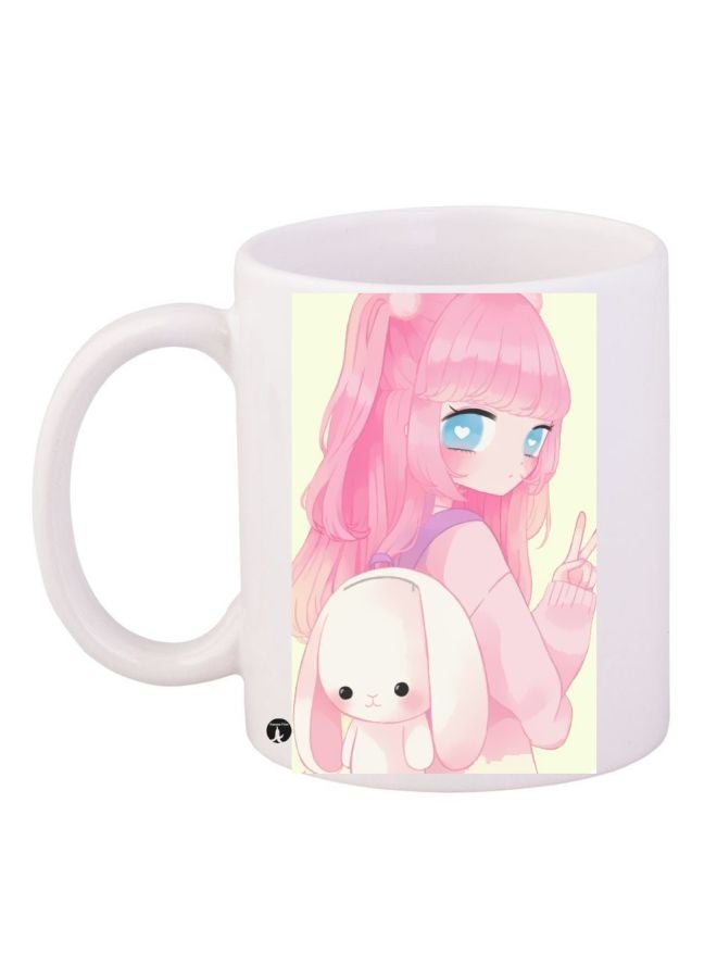 RYN Anime Girl Printed Coffee Mug White/Pink/Beige 11ounce