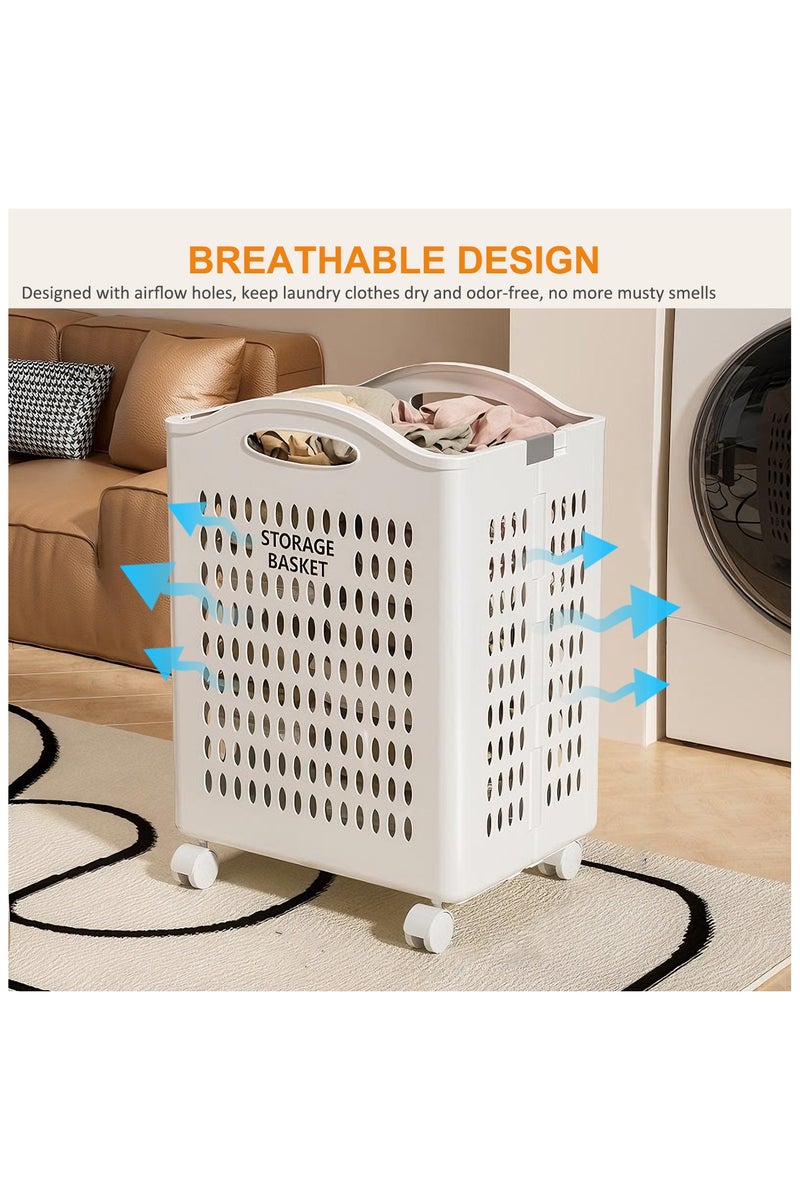 Laundry Basket on Wheels, 50L Foldable Plastic Laundry Basket, Slim Rolling Clothes Hamper with Handles, White Washing Basket for Laundry Sorter Clothes Toys Storage - Image 2