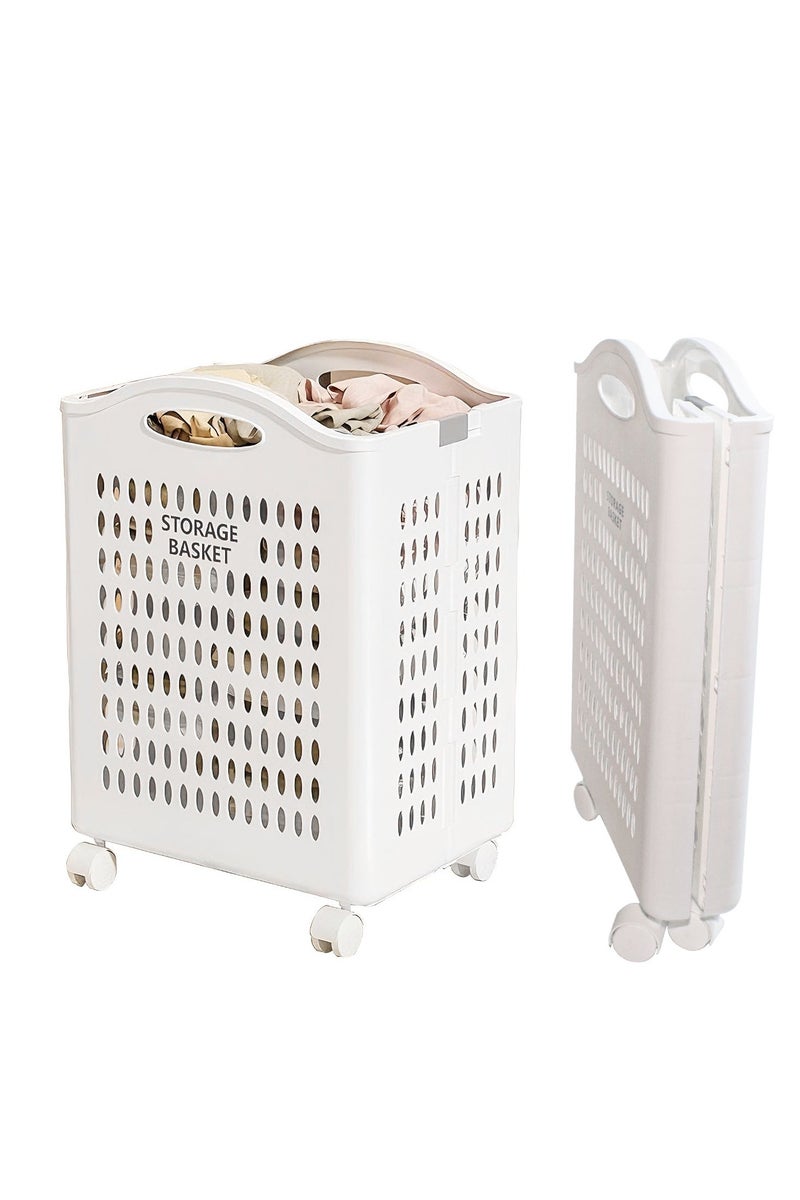 Laundry Basket on Wheels, 50L Foldable Plastic Laundry Basket, Slim Rolling Clothes Hamper with Handles, White Washing Basket for Laundry Sorter Clothes Toys Storage - Image 1