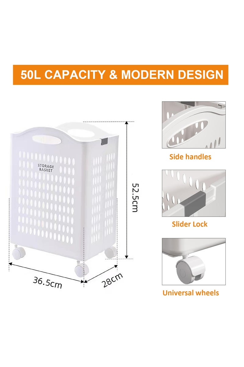 Laundry Basket on Wheels, 50L Foldable Plastic Laundry Basket, Slim Rolling Clothes Hamper with Handles, White Washing Basket for Laundry Sorter Clothes Toys Storage - Image 3