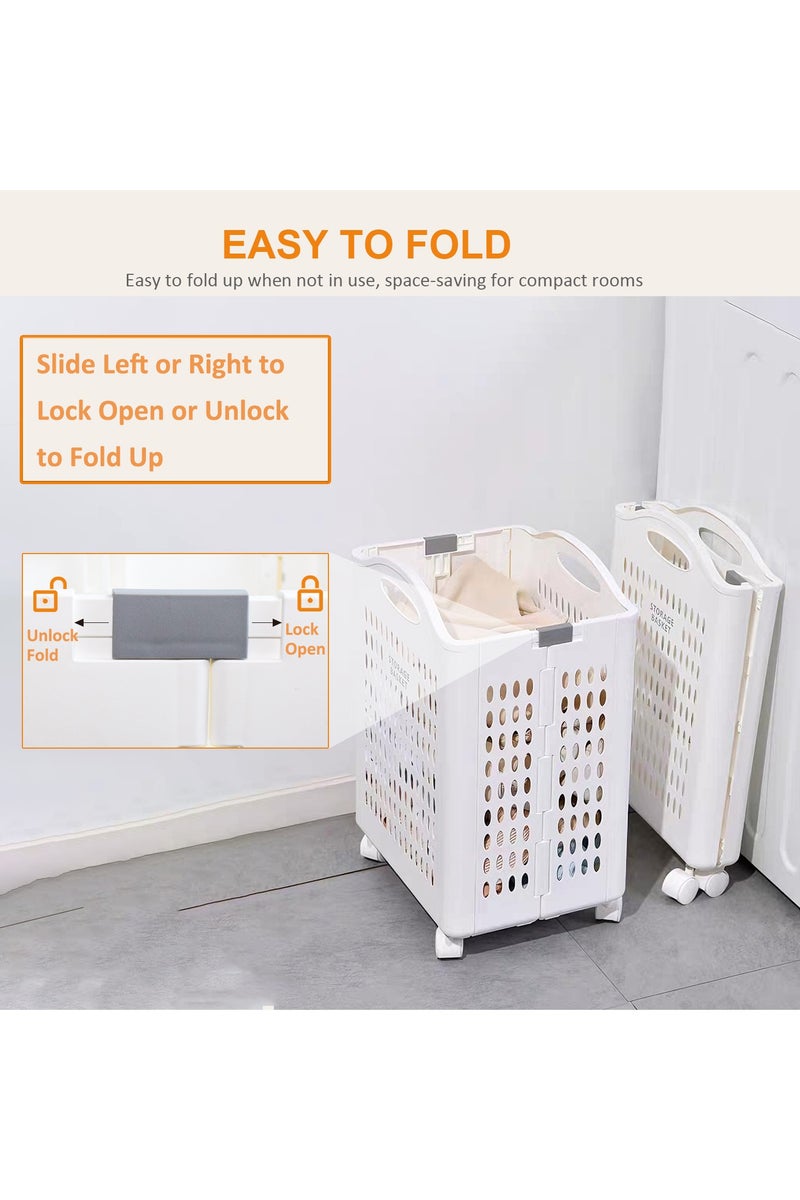 Laundry Basket on Wheels, 50L Foldable Plastic Laundry Basket, Slim Rolling Clothes Hamper with Handles, White Washing Basket for Laundry Sorter Clothes Toys Storage - Image 4